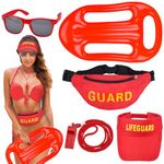 Vibbang 5Pcs Lifeguard Costume Set, Life Guard Costume Accessories Kit, Baywatch Costume, Include Hat Fanny Pack Whistle Inflatable Float Sunglasses, Halloween Fancy Dress for Pool Party Women Men