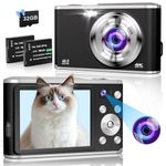 4K Digital Camera, 48MP Autofocus Compact Kids Camera with Dual Camera, 16X Digital Zoom Point and Shoot Cameras with 32GB Card & 2 Batteries Vlogging Camera Gift for Teen Beginners - Black