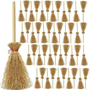 TIHOOD 50PCS Mini Broom Hanging Decoration Straw Craft Decoration Artificial Miniature Brooms Simulation Witch Brooms for Fairy Garden Dollhouse Accessories Light Brown