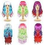 Kurtzy 3 Pack Long Multi Coloured Wavy Synthetic Wigs - 68cm / 26.77 Inches - Curly Rainbow Hair with Air Bangs & Elastic Head Band - Cosplay Costume & Halloween Party Wig For Woman & Girls