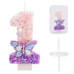 Birthday Number Candle One, Pink and Purple Butterfly Birthday Candle with Sequins Cake Topper Decoration for Girls and Women Anniversary Celebrations Party Supplies (Number 1)