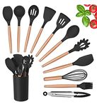 SHYONA Silicone Kitchen Utensil Set, 11 Pieces Wooden Handles, Utensils Holder for Nonstick Cookware, Spoons, Soup Ladle, Slotted Turner, Whisk, Tongs, Brush, Pasta Server(Multi Color)