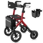 MAXWALK Rollator Walker with Seat, Tall Walkers for Seniors, 12" Big Rubber Wheels All Terrain Rollator Walker with Backrest, Built-in Cable, Foldable and Dual Adjustable Height for 5.3-7ft, Red