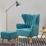 PHIRKCRAFT Solid Wood Wing Chair for Living Room, Arm Chair with Ottoman/Footrest for Bedroom, Velvet Accent Chair with Pouffes, High Back Occasional Tub Chairs with Foot Stool, Blue