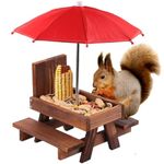 Squirrel Feeder Table with Umbrella, Wooden Picnic Table Feeder, Funny Squirrel Picnic Table Feeder with Corn Cob Holder, Squirrel and Chipmunk Gifts for Squirrel Lovers(Black)