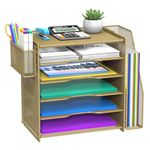 Samstar Gold Desk Organizer, Letter Tray Paper Organizer with 5 Tier Racks Shelves,1 Extra Vertical Magazine File Holder and Pen Holder,Gold