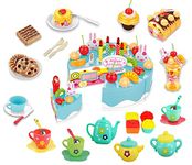 xwin 98 Pcs DIY Kids Cutting Birthday Cake & Tea Set Cookies, Candy Pretend Play Food Toys Set for Kids, Children Tea Party Tea Pot Cups Saucers, Cake, Pastry, Desserts, Blue