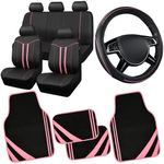 CAR PASS Car Seat Covers Full Set for Women Girls with Waterproof Car Floor Mats,Anti-Slip Leather Steering Wheel Cover,Universal Fit for SUVs,Vans,Trucks,Sedans,Cars (Combo Set,Black & Pink)