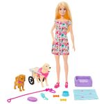 Barbie Doll with 2 Toy Dogs & Pet Accessories, 1 Pup in a Removable Wheelchair with Rolling Wheels, 10+ Piece Set, HTK37