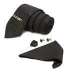 LOUIS STITCH Mens Sable Black Italian Silk Necktie Set Incl Pocket Square Cufflinks Golden Tiepin Brooch American Style Formal Tie Gift Set for Men (BL011GP)