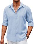 COOFANDY Men's Linen Long Sleeve Button Down Casual Untucked Shirts Button Up Wrinkle Free Oxford Shirts, Blue, Medium