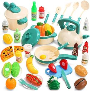 CUTE STONE 40PCS Kids Play Kitchen Accessories, Play Cooking Toys with Pots and Pans, Cutting Play Food Set and Cookware Utensils Kids Kitchen Playset for Boys Girls