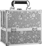 FRENESSA Makeup Train Case Portable Cosmetic Box Organizer Storage 4 Trays Aluminum Makeup Box with Divider Lockable Craft Train Case for Makeup Artist, Crafter, Makeup Tools Silver Floral