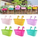 LaLaGreen Rail Planter Outdoor Plants (6 Pack, 11.2 Inch) Colorful Metal Iron Strawberry Hanging Flower Pots Deck Railing, Fence Wall Mount Bucket Modern Window Box Hooks Porch Garden Outside Decor