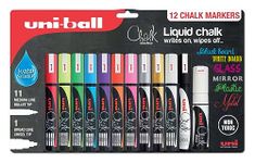 uni-ball Liquid Chalk Pens. Multi-Purpose Wipeable and Erasable Coloured Markers for Blackboards Chalkboards Whiteboards Glass Mirrors Plastic Windows Metal. Non Toxic. Multipack Set of 12