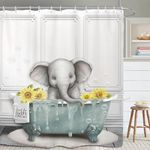 Yookeb Cute Elephant Kids Bathroom Shower Curtain 60W by 71H Inch Funny Lovely Child Animal Sunflower Nursery Aqua Bathtub Polyester Fabric 12 Plastic Hooks Waterproof Decor