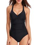 HAIVIDO V Neck One Piece Swimsuits with Ruching Bathing Suits Tummy Control Beach Swimwear for Women A Black M