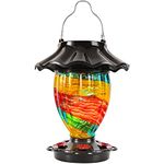 LUJII Solar Hummingbird Feeder for Outdoors Hanging with Color Changing, Hand Blown Glass Reservoir, 32 fl.oz, No Leaking, Lighted Lantern for Garden Decor, Unique Gift for Bird Lover, Ribbon