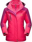 3 in 1 Jacket Womens Waterproof Lightweight Jacket Winter Women's Warm Ski Fleece Travel Snow Coat Hood Windproof Combat Mountain Rain Coat Rose Red, M