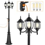 PARTPHONER Outdoor Lamp Post Light with GFCI Outlet, 3-Head Classic Black Light Pole with Glass Panels (3 LED Bulbs Included), Aluminum Waterproof Outside Street Light for Backyard Garden Driveway