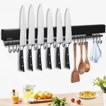 Dmore 59cm Magnetic Knife Holder for wall with 15 Hooks, No Drilling Black Knife Magnetic Strip and Utensil Hanger, Powerful Knife Magnet Rack Include Tape and Screws, for Knives and Utensils