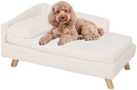 BingoPaw Elevated Dog Sofa Bed: L Shaped Raised Dog Lounger Couch with Durable Wooden Legs - Nordic Plush Fur Pet Chair Bed with Soft Removable Cushion Mat and Pillow L(80x50cm)