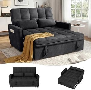 tiramisubest 54'' Sleeper Sofa Bed, Convertible Pull Out Couch Futon for for Living Room,Apartment (Black, Loveseat) Side Pockets, Velvet Fabric, Adjustable Backrest, Pull-Out Bed, Easy Assembly