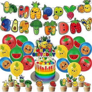 ADILAIDUN Cute Sensory Baby Birthday Party Kawaii Fruit Theme Supplies Including Cake Topper Cupcake Toppers Banner Balloons for Boys and Girls Decor, Multi-colored (32 Packs)