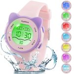 Ayybboo Kids Watch,Toddler Digital Watch with 7 Color Lights & Kitten Design,Waterproof Children's Watches for Girls/Boys 4-12 Years Old (Pink)