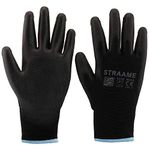 Straame Pack of 12 or 24 Black Safety Work Gloves, Outdoors PU and Nylon Non-Slip Work Handling Gloves, Good Dexterity Firm Grip Protective Working Gloves (Medium - Size 8, 12 Pairs)