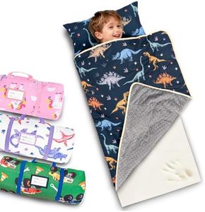 Primlect Toddler Thickened Foam Nap Mat with Pillow, Extra Large 55"x35", Soft, Supportive Sleeping Bag with Detachable, Washable Cover, for Sleepover, Home, Travel, Boys and Girls, Green Dinosaur