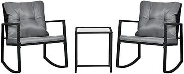 Outsunny 3 Pieces Rocking Bistro Set, Outdoor Wicker Patio Furniture with Glass Coffee Table and Outside Rocking Chairs for Porch, Lawn, Conversation Sets with Thick Cushions, Gray