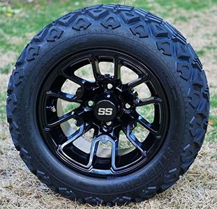 12" LIZARD Gloss Black Golf Cart Wheels and 20x10-12 DOT All Terrain Golf Cart Tires - Set of 4 - NO LIFT REQUIRED (read description)