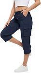 Rdruko Ladies Walking Cargo Shorts Elastic Waist Capri Pants Summer Casual Outdoor Cropped Trousers for Hiking Work Travel Golf Navy Blue L