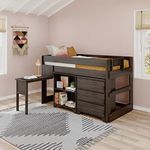 Max & Lily Modern Farmhouse Low Loft Bed, Twin Bed Frame for Kids with 3-Drawer Dresser, 2-Shelf Bookcase and Hook-on Desk, Barnwood Brown