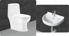 Belmonte Ceramic One Piece Western Toilet Commode Water Closet Ewc Cardin Floor Mounted Outlet Location Floor Side Bottom S Trap 225mm 9 Inch with Wash Basin and Soft Close Toilet Seat Cover - White