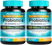 NewRhythm Probiotics 120 Billion CFU 36 Strains, 3-in-1 Probiotics for Digestive Health & Immune Support with Prebiotics & Enzymes, Probioticos for Women & Men, Vegan Targeted Release Supplement, 60ct