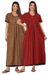 Kuruti B Sheets Casual Style Nighty For Women Cotton Combo Nighty Gown Floor Length Round Neck Short Sleeves Jaipuri Maxi Gown Printed Free Size Coffee And Red