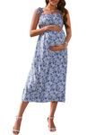 KOJOOIN Women's Maternity Dress Boho Spaghetti Strap Square Neck Floral Ruffle Nursing Maxi Dress Baby Shower Casual, S-blue Floral, L