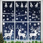 Zindoo Christmas Window Stickers Clings, 183pcs Christmas Window Decorations, 7Sheet Reindeer Snowflakes Xmas Window Stickers, Reusable Static White Window Decals for Christmas Decorations Indoor Home