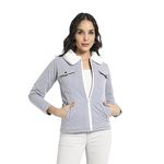 Campus Sutra Women's Light Grey Quilted Flap Pocket Jacket With Fur Details For Casual Wear | Spread Collar | Long Sleeve | Zip Closure | Polyester Jacket Crafted With Comfort Fit For Everyday Wear