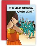 Huxters Inspired Squid Game Birthday Card for him – A5 Green Light Funny Birthday Card for her and for Men and Women –Happy Illustration and – Blank card for Customization – Birthday card for friends