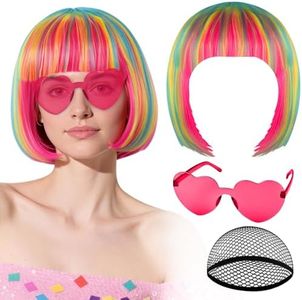 PLULON Pink Blue Yellow Bob Wig with Heart Sunglasses Hair Cap, Colorful Short Bob Wigs Synthetic Party Wigs Funny Cosplay Hairpieces for Women Neon Bachelorette Halloween Costume Party Decorations