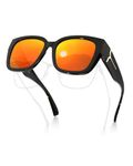 Meeloog Polarized Fit Over Glasses Sunglasses for Women UV Protection, Trendy Square Wrap Around Shades for Driving Riding, P1 Black Frame/Red Mirrored Lens, One Size