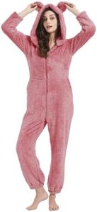 PEHMEA Women's Onesie Pajamas Sherpa Plush Hooded Romper Cozy Winter Sleepwear Holiday Party One Piece PJs for Adults, Teens(Pink-XS)