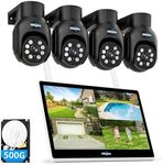 Hiseeu 5MP Wireless Security Camera System with 14" LCD Monitor, 10CH NVR 500GB HDD, 4PCS Outdoor Black PTZ Cameras, 2-Way Audio, Color Night Vision, Motion Alert, 2.4G & 5GHz WiFi