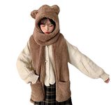 Women Winter Cute Cartoon Bear Ear Hat Warm Hoodie Hat Long Scarf Gloves Soft Plush Shawl Wraps Hooded Hat, Coffee, One Size