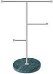 Jewelry Organizer,Metal T-Bar Necklace Display Stand Earrings Holder for Home, Hanging Pendant Rack with Marble Pattern Round Tray for Bracelets Rings Watches (B-Blue)