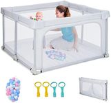 BABY JOY Foldable Baby Playpen, 124 x 124 x 70cm Playpen Activity Center w/50 Balls & 4 Pull Rings for Babies Toddlers, Kids Safety Play Yard Fence w/External Zipper, Indoor Outdoor Folding Playpen for Infants (Grey)