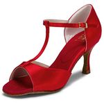 JIAJIA 20511 Women's Satin Sandals Flared Heel Latin Salsa Performance Dance Shoes Colour Red,Size 9 B(M) US/40 EU